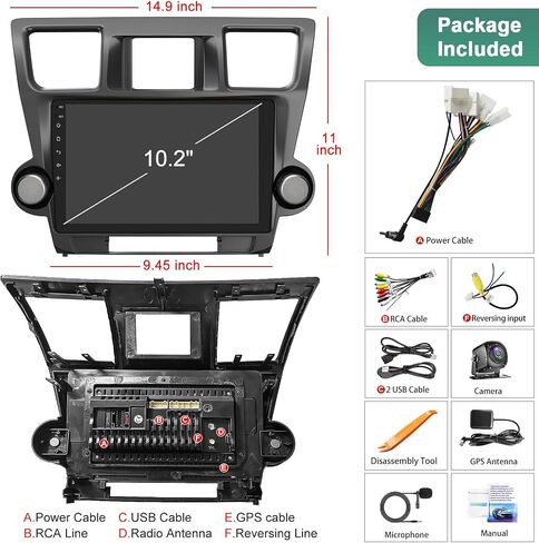 ستيريو راديو السيارة 4G+64G لسيارة Toyota Highlander 2014-2019، Carplay اللاسلكي وAndroid Auto مع Android 12 يدعم البلوتوث/التحكم الصوتي/GPS/WiFi/SWC/FM، شاشة لمس IPS مقاس 10.1 بوصة لسيارة Highlander in Saudi Arabia