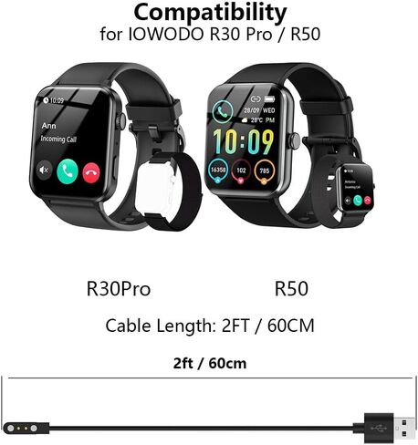 شاحن مكون من قطعتين متوافق مع IOWODO R30 Pro / R50، سلك كابل شحن USB بديل للساعة الذكية بطول 2 قدم in Kuwait