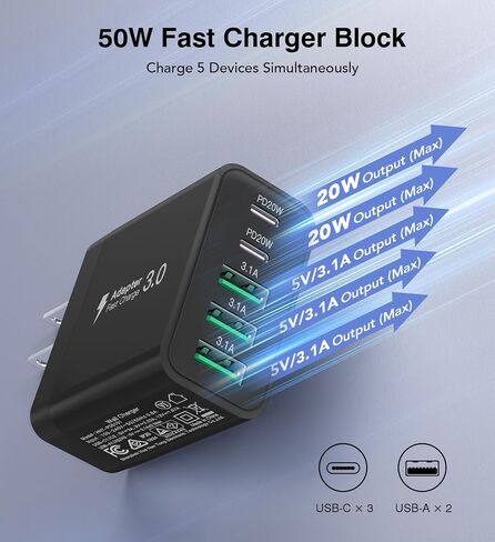 USB C Charger Block, [2-Pack] 50W 5-Port USB C Wall Charger Type C Charger Fast Charging Blocks Cube, Multiple Ports Power Adapter QC Wall Plug for iPhone 16 15 14 13 12 Pro Max Galaxy Tablet, Black in Saudi Arabia
