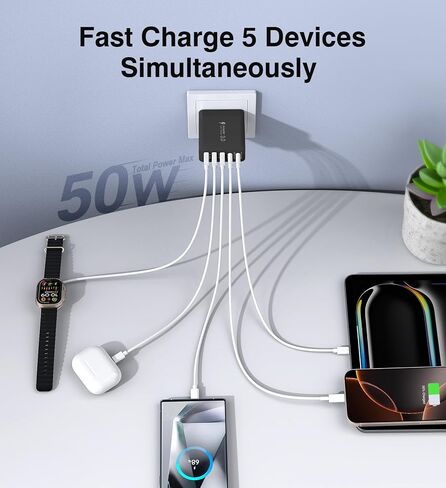 USB C Charger Block, [2-Pack] 50W 5-Port USB C Wall Charger Type C Charger Fast Charging Blocks Cube, Multiple Ports Power Adapter QC Wall Plug for iPhone 16 15 14 13 12 Pro Max Galaxy Tablet, Black in Saudi Arabia