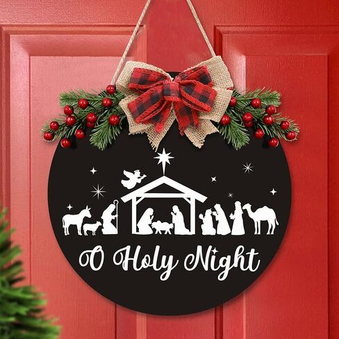 Christmas Door Sign Wreath for Front Door Nativity Ornaments Jesus Christ the Savior is Born Rustic Farmhouse Buffalo Plaid Decorations Christian Hanging Decor for Fireplace Porch Indoor Outdoor BLACK in Saudi Arabia