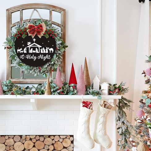 Christmas Door Sign Wreath for Front Door Nativity Ornaments Jesus Christ the Savior is Born Rustic Farmhouse Buffalo Plaid Decorations Christian Hanging Decor for Fireplace Porch Indoor Outdoor BLACK in Saudi Arabia