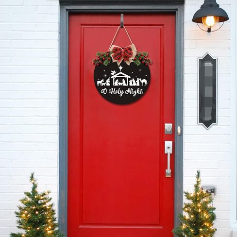 Christmas Door Sign Wreath for Front Door Nativity Ornaments Jesus Christ the Savior is Born Rustic Farmhouse Buffalo Plaid Decorations Christian Hanging Decor for Fireplace Porch Indoor Outdoor BLACK in Saudi Arabia