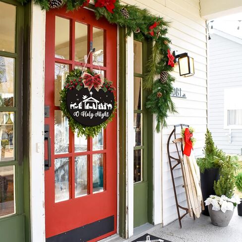 Christmas Door Sign Wreath for Front Door Nativity Ornaments Jesus Christ the Savior is Born Rustic Farmhouse Buffalo Plaid Decorations Christian Hanging Decor for Fireplace Porch Indoor Outdoor BLACK in Saudi Arabia