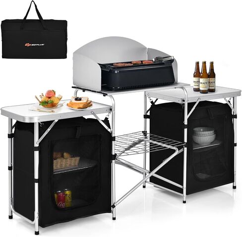 Goplus Folding Camping Kitchen Table with Storage, Aluminum Portable Outdoor Cooking Table with Windscreen, Foldable Camp Table Cook Station for BBQ, Grill, Party, Picnics, 68D x 19W x 43.5H in, Black in Saudi Arabia