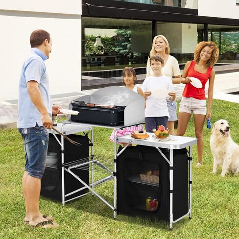 Goplus Folding Camping Kitchen Table with Storage, Aluminum Portable Outdoor Cooking Table with Windscreen, Foldable Camp Table Cook Station for BBQ, Grill, Party, Picnics, 68D x 19W x 43.5H in, Black in Saudi Arabia