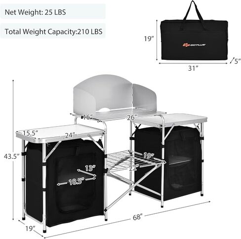Goplus Folding Camping Kitchen Table with Storage, Aluminum Portable Outdoor Cooking Table with Windscreen, Foldable Camp Table Cook Station for BBQ, Grill, Party, Picnics, 68D x 19W x 43.5H in, Black in Saudi Arabia