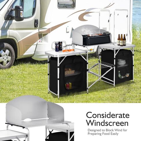 Goplus Folding Camping Kitchen Table with Storage, Aluminum Portable Outdoor Cooking Table with Windscreen, Foldable Camp Table Cook Station for BBQ, Grill, Party, Picnics, 68D x 19W x 43.5H in, Black in Saudi Arabia