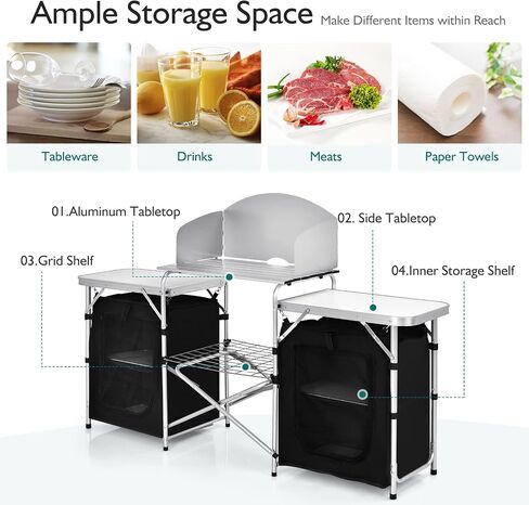 Goplus Folding Camping Kitchen Table with Storage, Aluminum Portable Outdoor Cooking Table with Windscreen, Foldable Camp Table Cook Station for BBQ, Grill, Party, Picnics, 68D x 19W x 43.5H in, Black in Saudi Arabia
