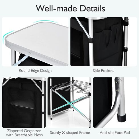 Goplus Folding Camping Kitchen Table with Storage, Aluminum Portable Outdoor Cooking Table with Windscreen, Foldable Camp Table Cook Station for BBQ, Grill, Party, Picnics, 68D x 19W x 43.5H in, Black in Saudi Arabia