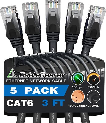 CableGeeker Cat 6 Ethernet Cable 3 ft (5-Pack) - Cat6 Patch Cables 10G Support, Snagless RJ45 26AWG Short Cat 6 Patch Cable, Cat 6 Cable, Internet Cable, Network Cable - 3 Feet Black in Saudi Arabia