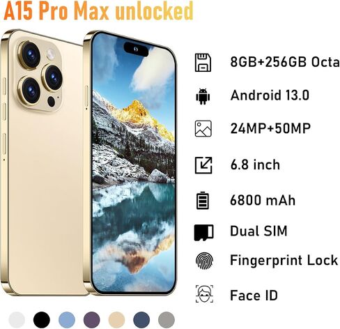 A15 promax Unlocked Cell Phones2024 Android 13 Smartphone with Snapdragon 8cen2 Processor|8GB+256GB|8-Core 6.8" HD Screen 24MP+50MP|Camera 6800 mAh Long Battery with 5G Dual SIM(Golden) in Saudi Arabia