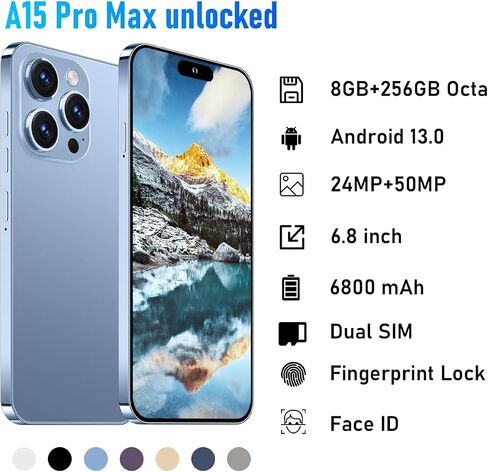 A15 promax Unlocked Cell Phones2024 Android 13 Smartphone with Snapdragon 8cen2 Processor|8GB+256GB|8-Core 6.8" HD Screen 24MP+50MP|Camera 6800 mAh Long Battery with 5G Dual SIM(Golden) in Saudi Arabia