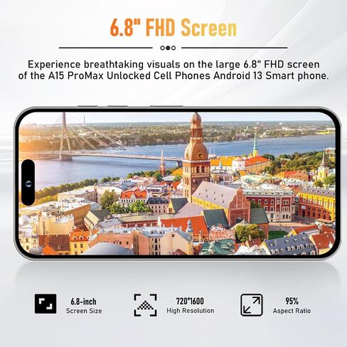 A15 promax Unlocked Cell Phones2024 Android 13 Smartphone with Snapdragon 8cen2 Processor|8GB+256GB|8-Core 6.8" HD Screen 24MP+50MP|Camera 6800 mAh Long Battery with 5G Dual SIM(Golden) in Saudi Arabia