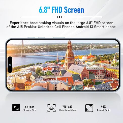A15 promax Unlocked Cell Phones2024 Android 13 Smartphone with Snapdragon 8cen2 Processor|8GB+256GB|8-Core 6.8" HD Screen 24MP+50MP|Camera 6800 mAh Long Battery with 5G Dual SIM(Golden) in Saudi Arabia