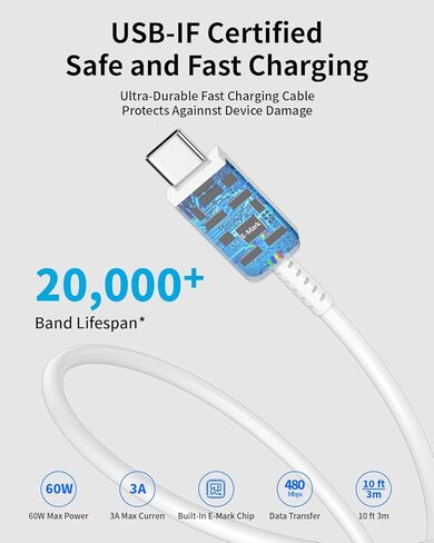 شاحن iPhone 15/15 Pro Max شحن سريع، كتلة شاحن 20 وات PD USB C مع سلك كابل شحن USB C إلى C بطول 10 أقدام لهاتف iPhone 15 Pro Max/16Pro/16/15Plus، iPad Pro/Air، Samsung/Android Phone Tablet in Saudi Arabia