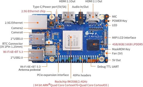 5 بحد أقصى 4 جيجابايت/8 جيجابايت/16 جيجابايت LPDDR5 Rockchip RK3588 8-Core 64-Bit كمبيوتر لوحي واحد مع مقبس eMMC، Wi-Fi 6E/Bluetooth 5.3، لوحة تطوير تعمل بنظام Linux/Ubuntu/Debian/Android (16 جيجابايت + مصدر طاقة) in Kuwait
