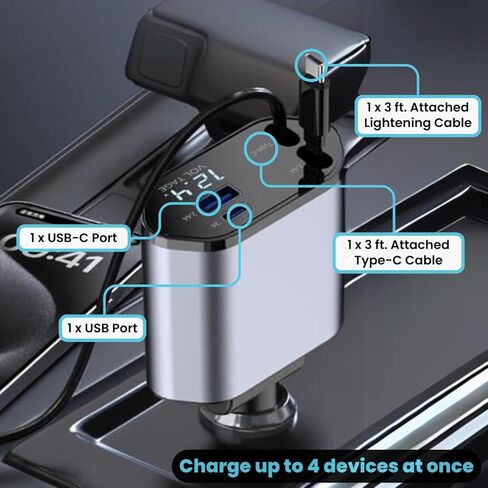 New 2024 Retractable Car Charger, 4 in 1 Super Fast Car Phone Charger 120 W, 2 Retractable Cables and USB Car Charger,Compatible with iPhone 15/14/13/12/11,Galaxy,Pixel in Saudi Arabia