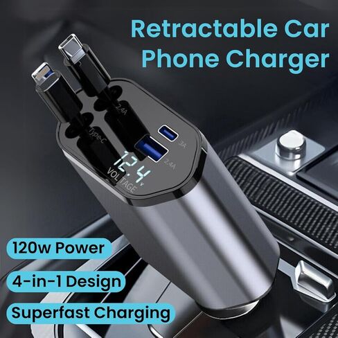New 2024 Retractable Car Charger, 4 in 1 Super Fast Car Phone Charger 120 W, 2 Retractable Cables and USB Car Charger,Compatible with iPhone 15/14/13/12/11,Galaxy,Pixel in Saudi Arabia