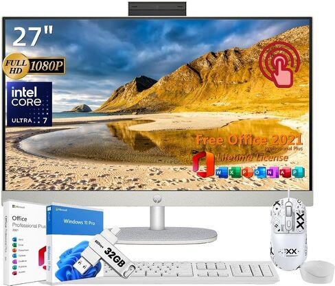 كمبيوتر مكتبي HP 27 بوصة الكل في واحد، شاشة لمس FHD، Intel Ultra 7-155U، 32 جيجابايت DDR5، 1 تيرابايت SSD، WiFi 6، ارتفاع قابل للتعديل، Win 11 Pro، مع ترخيص مدى الحياة للمكتب وماوس حاصل على براءة اختراع ومحرك أقراص فلاش 32 جيجا in Saudi Arabia