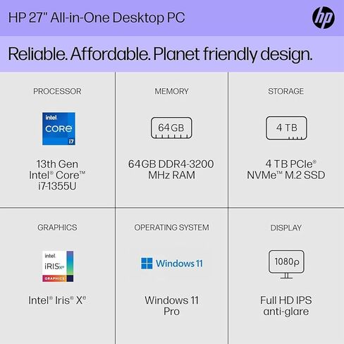 كمبيوتر مكتبي HP 27 بوصة الكل في واحد، ترخيص Microsoft Office مدى الحياة، Intel الجيل الثالث عشر i7-1355U، شاشة FHD، ذاكرة وصول عشوائي 64 جيجابايت، 4 تيرابايت SSD، Intel Iris Xe Graphics، لوحة مفاتيح وماوس لاسلكي، Windows 11 Pro، 32 جيجابايت UFD in Saudi Arabia
