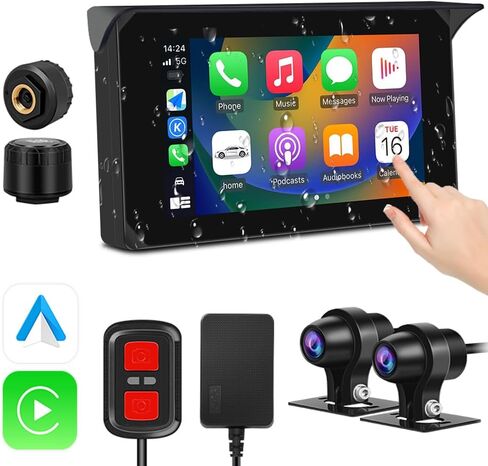 شاشة VSYSTO 5 بوصة تعمل باللمس مقاومة للماء، Carplay لاسلكي وAndroid Auto، شاشة WiFi للدراجات النارية Carplay HD 1080P كاميرا أمامية وخلفية Motobike Dash Cam، أجهزة استشعار ضغط الإطارات، ملاحة GPS (5 بوصة) in Kuwait