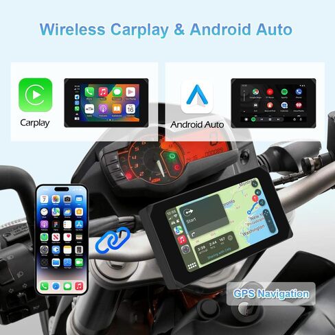 شاشة VSYSTO 5 بوصة تعمل باللمس مقاومة للماء، Carplay لاسلكي وAndroid Auto، شاشة WiFi للدراجات النارية Carplay HD 1080P كاميرا أمامية وخلفية Motobike Dash Cam، أجهزة استشعار ضغط الإطارات، ملاحة GPS (5 بوصة) in Kuwait