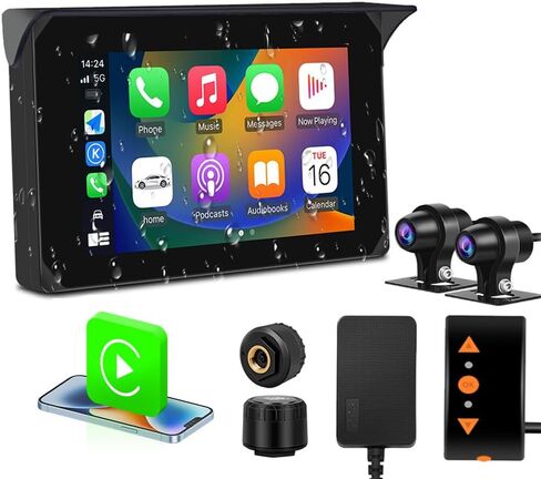 شاشة VSYSTO 5 بوصة تعمل باللمس مقاومة للماء، Carplay لاسلكي وAndroid Auto، شاشة WiFi للدراجات النارية Carplay HD 1080P كاميرا أمامية وخلفية Motobike Dash Cam، أجهزة استشعار ضغط الإطارات، ملاحة GPS (5 بوصة) in Kuwait