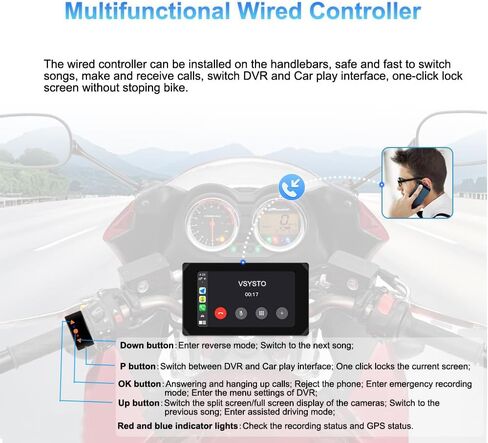 شاشة VSYSTO 5 بوصة تعمل باللمس مقاومة للماء، Carplay لاسلكي وAndroid Auto، شاشة WiFi للدراجات النارية Carplay HD 1080P كاميرا أمامية وخلفية Motobike Dash Cam، أجهزة استشعار ضغط الإطارات، ملاحة GPS (5 بوصة) in Kuwait
