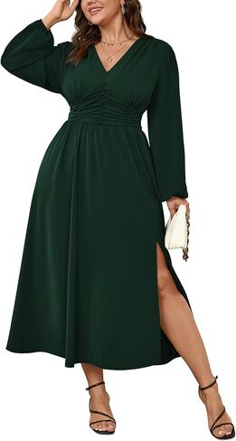 Womens Plus Size Wedding Guest Cocktail Maxi Dress Long Sleeve Elastic Waist V-Neck A-Line Side Slit Flowy Dresses in Kuwait