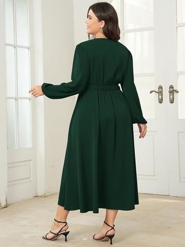 Womens Plus Size Wedding Guest Cocktail Maxi Dress Long Sleeve Elastic Waist V-Neck A-Line Side Slit Flowy Dresses in Kuwait