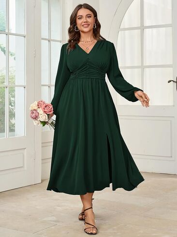 Womens Plus Size Wedding Guest Cocktail Maxi Dress Long Sleeve Elastic Waist V-Neck A-Line Side Slit Flowy Dresses in Kuwait