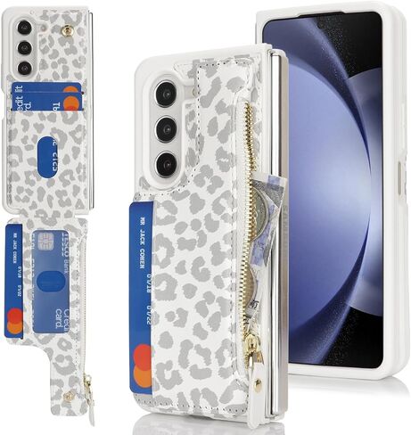 Cavor for Samsung Galaxy Z Fold 5 Case Wallet,Z Fold 5 Wallet Case with Card Holder,Phone Case for Fold 5 Case with Wallet,Leather Zipper Pocket Shockproof Case-Leopard White in Kuwait
