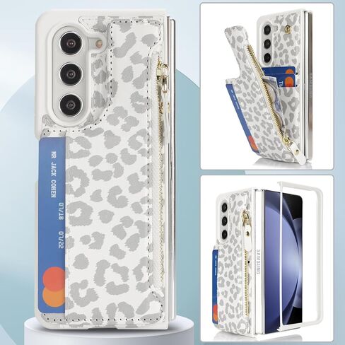 Cavor for Samsung Galaxy Z Fold 5 Case Wallet,Z Fold 5 Wallet Case with Card Holder,Phone Case for Fold 5 Case with Wallet,Leather Zipper Pocket Shockproof Case-Leopard White in Kuwait