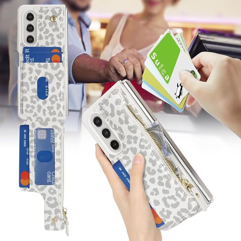 Cavor for Samsung Galaxy Z Fold 5 Case Wallet,Z Fold 5 Wallet Case with Card Holder,Phone Case for Fold 5 Case with Wallet,Leather Zipper Pocket Shockproof Case-Leopard White in Kuwait