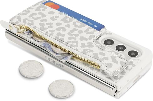 Cavor for Samsung Galaxy Z Fold 5 Case Wallet,Z Fold 5 Wallet Case with Card Holder,Phone Case for Fold 5 Case with Wallet,Leather Zipper Pocket Shockproof Case-Leopard White in Kuwait