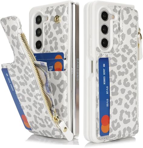 Cavor for Samsung Galaxy Z Fold 5 Case Wallet,Z Fold 5 Wallet Case with Card Holder,Phone Case for Fold 5 Case with Wallet,Leather Zipper Pocket Shockproof Case-Leopard White in Kuwait