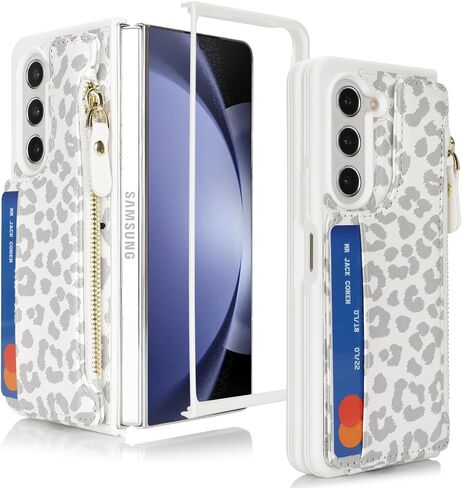 Cavor for Samsung Galaxy Z Fold 5 Case Wallet,Z Fold 5 Wallet Case with Card Holder,Phone Case for Fold 5 Case with Wallet,Leather Zipper Pocket Shockproof Case-Leopard White in Kuwait