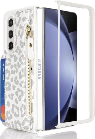 Cavor for Samsung Galaxy Z Fold 5 Case Wallet,Z Fold 5 Wallet Case with Card Holder,Phone Case for Fold 5 Case with Wallet,Leather Zipper Pocket Shockproof Case-Leopard White in Kuwait