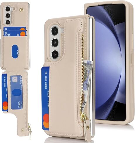 Cavor for Samsung Galaxy Z Fold 5 Case Wallet,Z Fold 5 Wallet Case with Card Holder,Phone Case for Fold 5 Case with Wallet,Leather Zipper Pocket Shockproof Case-Leopard White in Kuwait