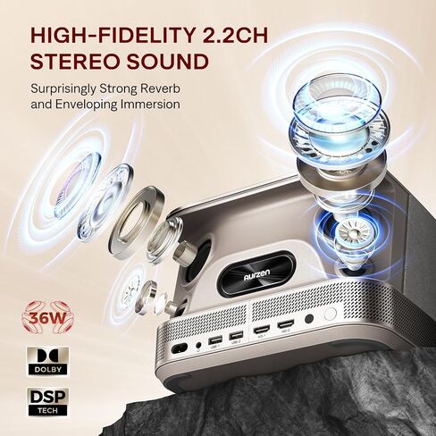 جهاز عرض 3 في 1 يدعم 4K، جهاز عرض ذكي AURZEN BOOM 3 مزود بواي فاي وبلوتوث، صوت DoIby ثلاثي الأبعاد ومكبرات صوت 36 وات، تركيز تلقائي وحجر مفاتيح، جهاز عرض Netflix الرسمي 500 ANSI Home Outdoor، فضي in Saudi Arabia