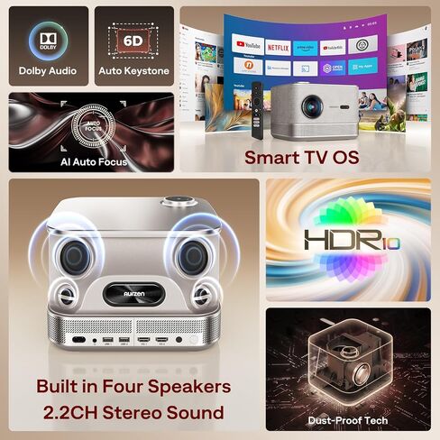 جهاز عرض 3 في 1 يدعم 4K، جهاز عرض ذكي AURZEN BOOM 3 مزود بواي فاي وبلوتوث، صوت DoIby ثلاثي الأبعاد ومكبرات صوت 36 وات، تركيز تلقائي وحجر مفاتيح، جهاز عرض Netflix الرسمي 500 ANSI Home Outdoor، فضي in Saudi Arabia