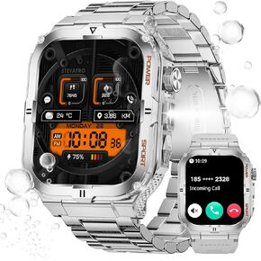 Military Smart Watch for Men with LED Flashlight 3ATM Waterproof 1.96" Big Screen Rugged Tactical Smartwatch with Call Sports Fitness Tracker with Heart Rate Sleep Monitor for iPhone Android (Black)