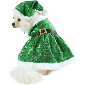 Mogoko Dog Cat Christmas Costume Christmas Outfits Princess Dress Pet Clothes, Green Sequin Girl Dog Holiday Dress with Santa Hat, Funny Puppy Dress Outfits Warm Animal Apparel Clothes (M)