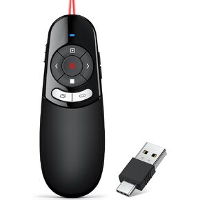 Physical and Digital Presentation Clicker for PowerPoint, 2-in-1 USB Type C Wireless Presenter Remote for LED LCD Screen, Long Range Pointer Spotlight Slide Advancer with Highlighting Magnifier