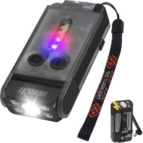 BORUIT V30 LED Small Powerful EDC Flashlight with Red and 365nm UV Light,180°Rotation,USB A/C-C Rechargeable 900LM Pocket Flat Keychain Flashlight with Clip,120DB Buzzer,Power Bank Function(Black)