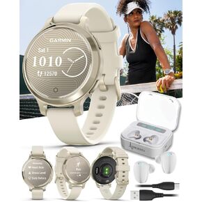 Wearable4U Garmin Lily 2 Active, Lunar Gold with Bone Silicone Band, Small and Stylish Smartwatch, Built-in GPS, Hidden Display, Patterned Lens, Up to 9 Days Battery Life White Earbuds Bundle