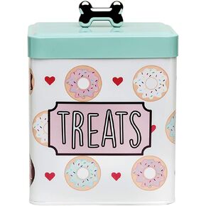 Amici Pet, , Barkers Dozen Metal Treats Canister, Doughnuts and Hearts Design, Food Safe, Push Top Lid with Metal Bone Shaped Knob, 96 Ounce Capacity