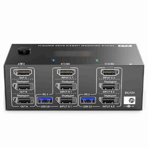 KVM Switch, USB3.0 KVM Switch 3 Monitor Outputs Extension, Video Wall Display Easy Switching, Smooth Image, Black Metal (Black #86)