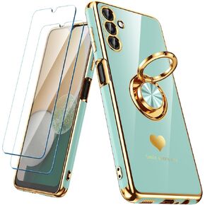for Samsung Galaxy A13 5G/A04S Case with 2 Pack Screen Protector, 360° Rotatable Ring Holder [Luxury Hearts Pattern] Plating Gold Edge Slim Soft Phone Cover Case for Galaxy A13 - Purple
